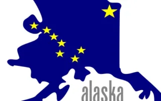 Map illustration of alaska in blue with yellow stars forming the big dipper and north star, with the word “alaska” beneath.