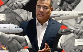 Collage of a man in a suit in front of grayscale handshakes, airplanes, receipts, and fiery scenes in the background.