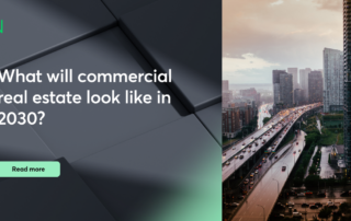 What will commercial real estate look like in 2030? Modern city skyline and highway with article call-to-action.