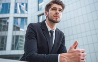 Young businessman in a suit looking thoughtful outside a modern office building