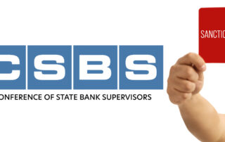 Csbs conference of state bank supervisors logo next to a hand holding up a red card labeled “sanction”