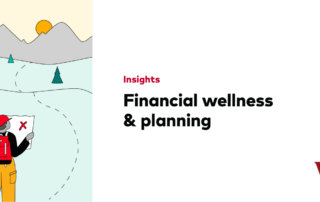 Illustration of a hiker reading a map with a marked path through mountains beside the text “insights: financial wellness & planning. ”