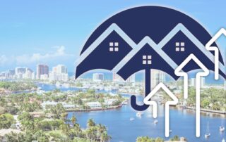 Rising real estate market concept over fort lauderdale waterfront skyline with house umbrella icon and upward arrows