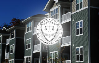 Modern apartment building exterior with balconies, overlaid with the seal of the u. S. Federal trade commission