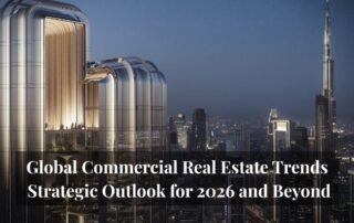 Futuristic illuminated skyscraper and city skyline at dusk with text overlay reading “global commercial real estate trends – strategic outlook for 2026 and beyond”.