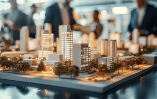 Scaled architectural model of a modern cityscape with illuminated buildings and trees on a table in a design studio.