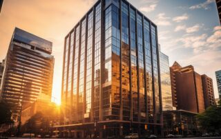 Modern glass office building reflecting city skyline at sunset on a downtown street corner