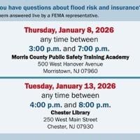 Flood risk and insurance q&a sessions with fema in morris county, nj on january 8 and january 13, 2026, with times and locations listed.