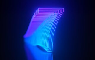 Abstract neon number seven made of overlapping blue and purple light lines on a dark background