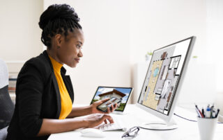 A real estate agent works at a desk, holding a smartphone and looking at a computer screen displaying a digital house floor plan.