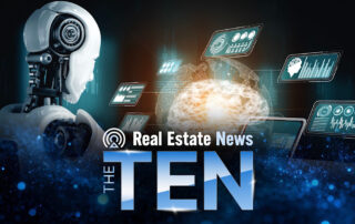 Ai robot analyzing digital real estate data dashboards with the text “real estate news – the ten” in a futuristic tech background.