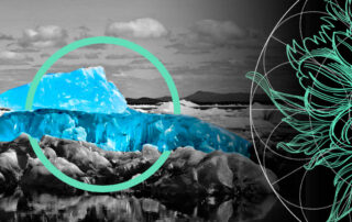 Climate Disasters Are Outpacing Insurance Uptake As The Global Protection Gap Nears Crisis Levels 3 Surreal blue iceberg landscape with circular overlay and abstract teal flower illustration