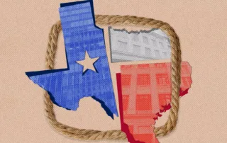 Stylized texas state outline in blue and red inside a rope frame, with subtle building textures in the background.