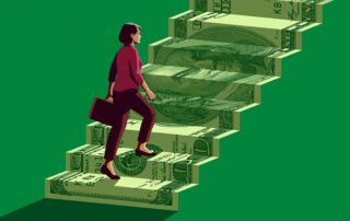 Businesswoman climbing a staircase made of us dollar bills, symbolizing financial growth and career advancement.