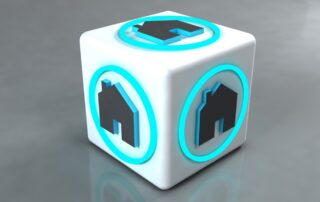 3d white cube with glowing blue home icons on each side