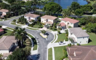 Aerial view of a suburban cul-de-sac with single-family homes, palm trees, and a lake in the background.