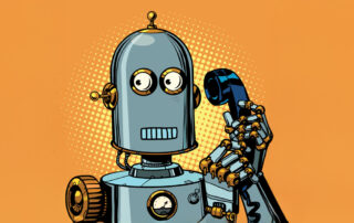 Cartoon robot holding a telephone receiver against an orange background
