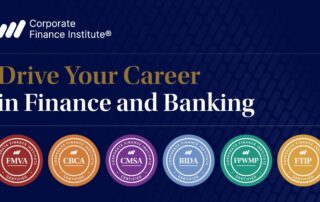 Corporate finance institute banner reading “drive your career in finance and banking” with six colorful certification badges: fmva, cbca, cmsa, bida, fpwmp, and ftip.