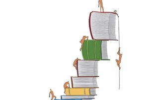 Illustration of small people climbing and standing on a tall stack of colorful books like a ladder