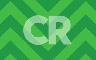 Animated green graphic with the letters c and r over a chevron pattern