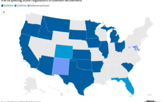 Map of the united states highlighting participating state regulators in the dominion settlement, with states shaded in different blues to show $1,000 fines, $7,000 fines, and settlement participants.