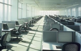 Empty open-plan office with rows of gray cubicles and computer workstations in natural daylight