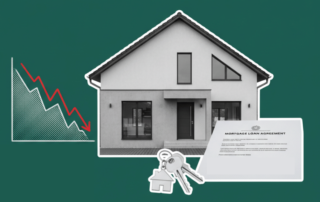 Modern house with mortgage loan agreement, house keys, and a downward financial graph representing falling mortgage rates or home prices