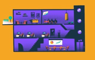 Colorful illustration of a modern three-story office building with workstations, a meeting room, and a small gym area on a bright orange background.