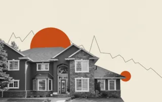 Modern two-story suburban house with stone facade and abstract red sun and line graph in the background