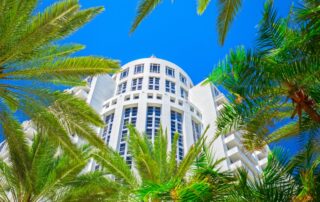 Modern white high‑rise building framed by green palm trees against a bright blue sky