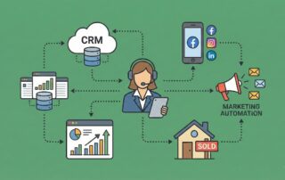 Real estate marketing automation workflow showing crm, social media, analytics, and sales connected through an agent with a headset
