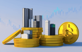Modern city skyscrapers built on stacks of gold coins with a large dollar coin symbolizing real estate investment and financial growth.