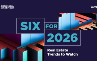 Six for 2026 real estate trends to watch in the united states, cushman & wakefield report cover with abstract geometric buildings