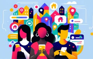 Colorful illustration of three people using smartphones in front of a stylized city skyline with location pins, chat bubbles, and app icons representing digital communication and smart city technology.