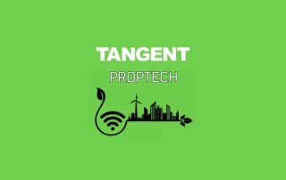 Tangent proptech logo with smart city skyline, wind turbine and green leaf on bright green background