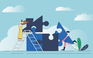 Two people assembling large blue jigsaw puzzle pieces outdoors, symbolizing collaboration and teamwork