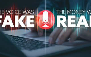 A person typing on a laptop with the headline text “the voice was fake, the money was real” overlaid, highlighting a deepfake voice scam.