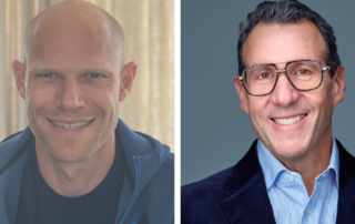Two smiling men in side‑by‑side portraits, one bald in a casual jacket and the other wearing glasses, a dress shirt, and a blazer.