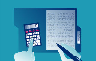 Accountant using a calculator and pen to review financial figures on a clipboard