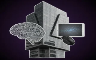 Ai brain, tablet, and computer mouse over a modern glass office building on dark background