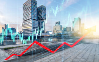 Modern waterfront city skyline with overlaid stock market charts and a red upward arrow indicating financial growth.