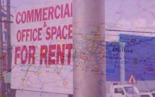 Commercial office space for rent sign overlaid on a map of the dallas, texas area
