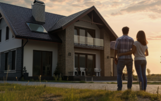 Couple standing together at sunset, looking at a modern two‑story house with large windows, balcony, and tiled roof.