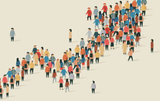 Illustration of a large diverse crowd of people walking together across a light background