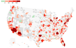 U. S. Map showing the 2024 shortfall of for‑sale housing units by county, with darker red areas indicating larger shortages and a few green areas showing surpluses.