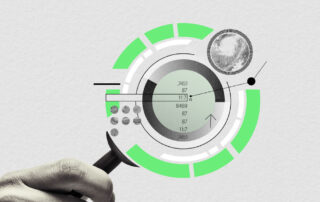 Hand holding a stylus pointing at a futuristic circular data visualization with green and gray graphic elements