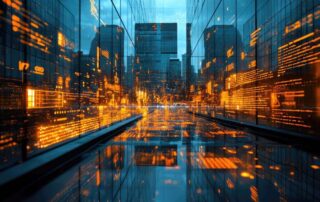 Futuristic cityscape with glowing orange data streams reflected on glass buildings