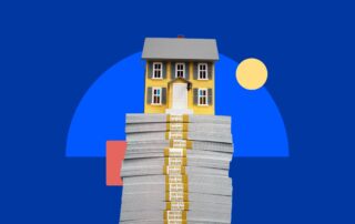 Yellow house sitting on top of a tall stack of money against a blue graphic background