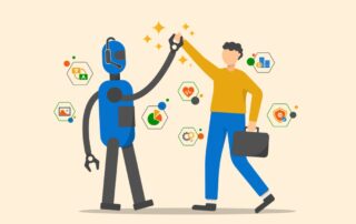 Human worker high-fiving a friendly robot, symbolizing collaboration between people and artificial intelligence in the workplace.