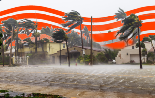 Intense coastal storm flooding a residential street with strong winds bending palm trees and abstract orange wind patterns in the sky